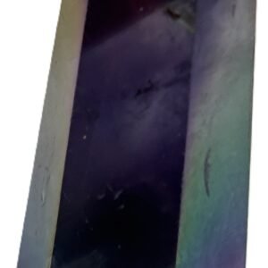 Standing rainbow amethyst aura polished crystal point 13 sians emporium Polished rainbow amethyst aura quartz generator point showing iridescent green violet and gold metallic sheen over natural chevron banding